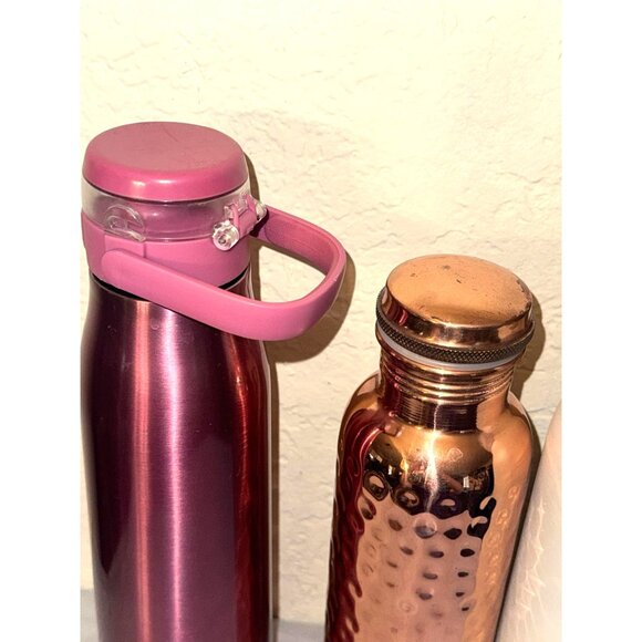 Set Of 3 Water Bottles: Pink Insulated With Flip Lid Copper Hammered White Built - Picture 3 of 12